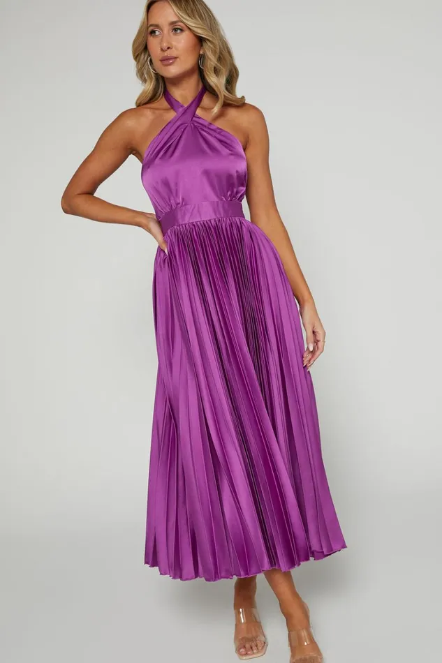 Eloise Midi Dress 8211 Halter Neck Pleated Dress In Grape Women Showpo Dresses