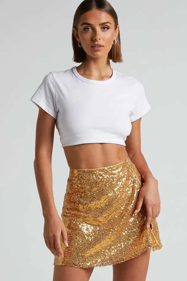 Elswyth Mini Skirt 8211 Side Split Sequin Skirt In Gold Women Showpo Skirts