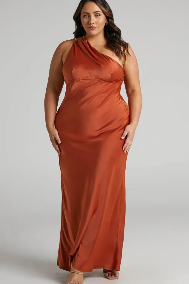 Elzales Midi Dress 8211 One Shoulder Beaded Strap Satin Dress In Rust Women Showpo Curve Clothes