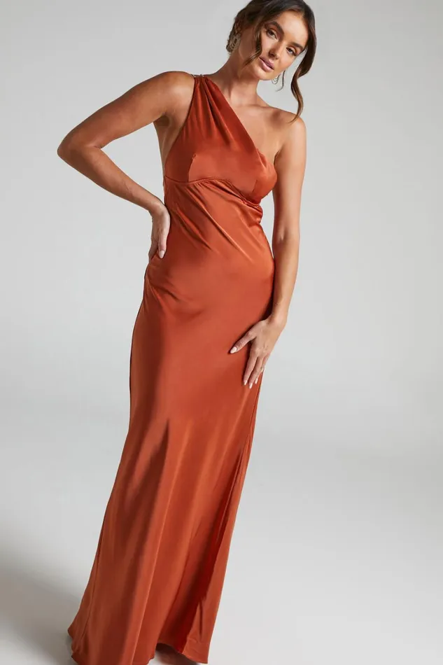 Elzales Midi Dress 8211 One Shoulder Beaded Strap Satin Dress In Rust Women Showpo Curve Clothes