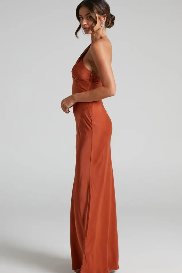 Elzales Midi Dress 8211 One Shoulder Beaded Strap Satin Dress In Rust Women Showpo Curve Clothes