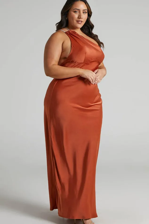 Elzales Midi Dress 8211 One Shoulder Beaded Strap Satin Dress In Rust Women Showpo Curve Clothes
