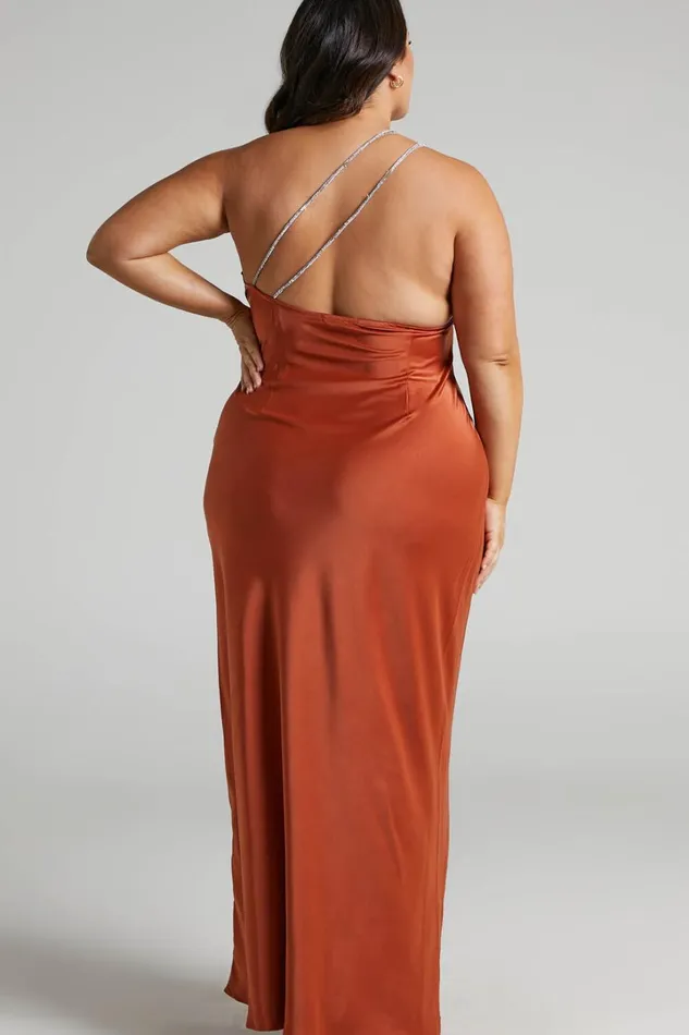 Elzales Midi Dress 8211 One Shoulder Beaded Strap Satin Dress In Rust Women Showpo Curve Clothes