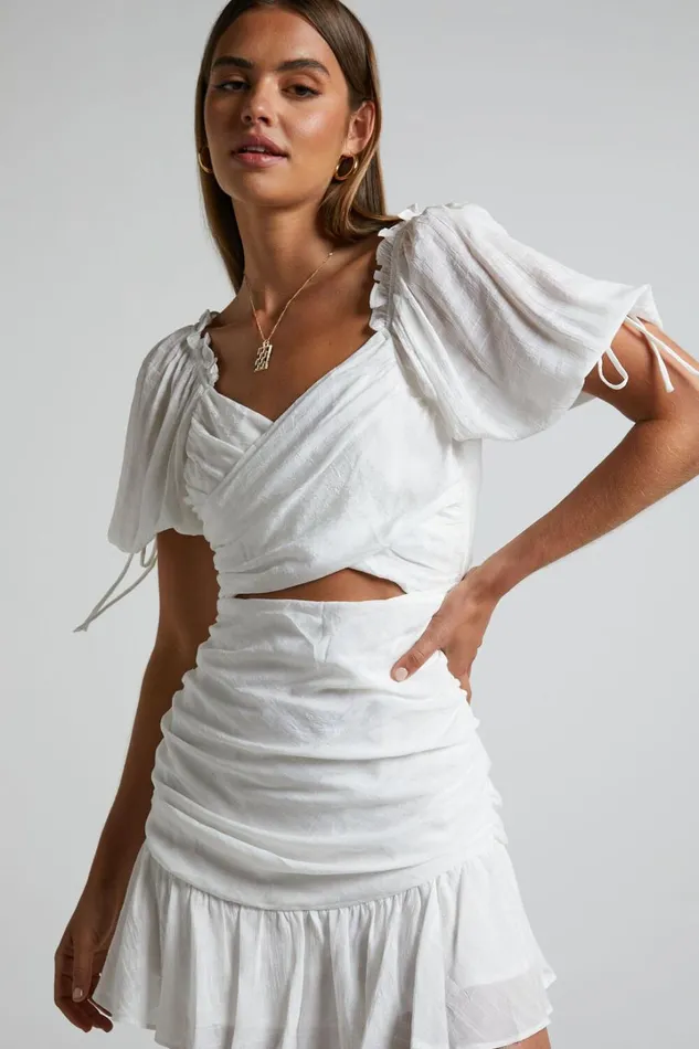 Emileen Mini Dress 8211 Cross Front Cut Out Puff Sleeve Dress In White Women Showpo Dresses
