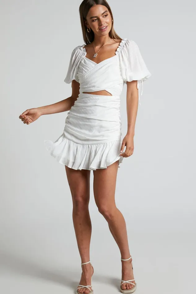 Emileen Mini Dress 8211 Cross Front Cut Out Puff Sleeve Dress In White Women Showpo Dresses