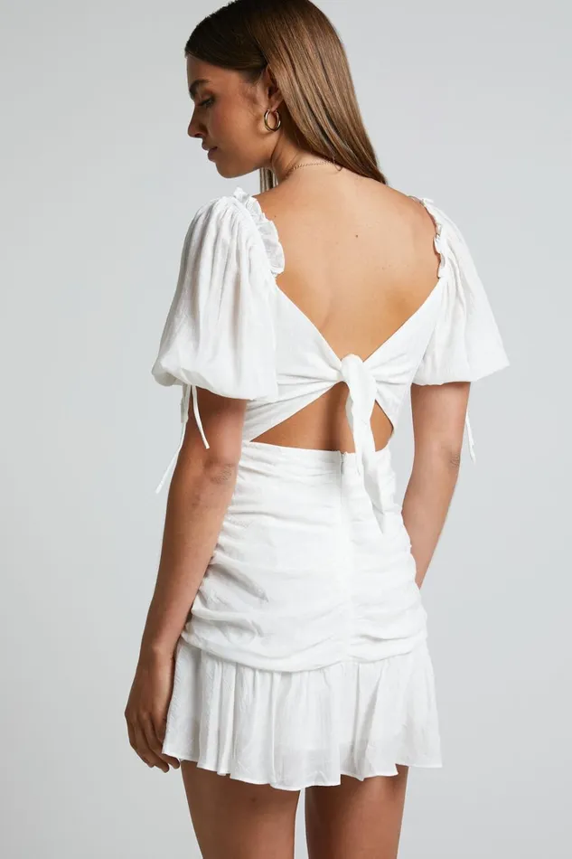 Emileen Mini Dress 8211 Cross Front Cut Out Puff Sleeve Dress In White Women Showpo Dresses