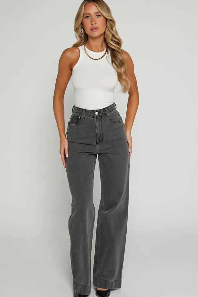 Emman Jeans 8211 High Waisted Cotton Wide Leg Denim Jeans In Washed Black Women Showpo Jeans