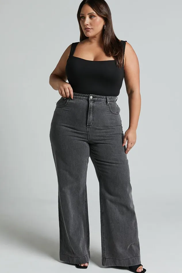 Emman Jeans 8211 High Waisted Cotton Wide Leg Denim Jeans In Washed Black Women Showpo Jeans