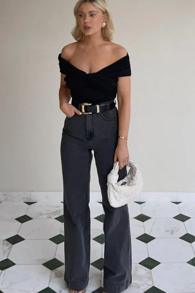 Emman Jeans 8211 High Waisted Cotton Wide Leg Denim Jeans In Washed Black Women Showpo Jeans