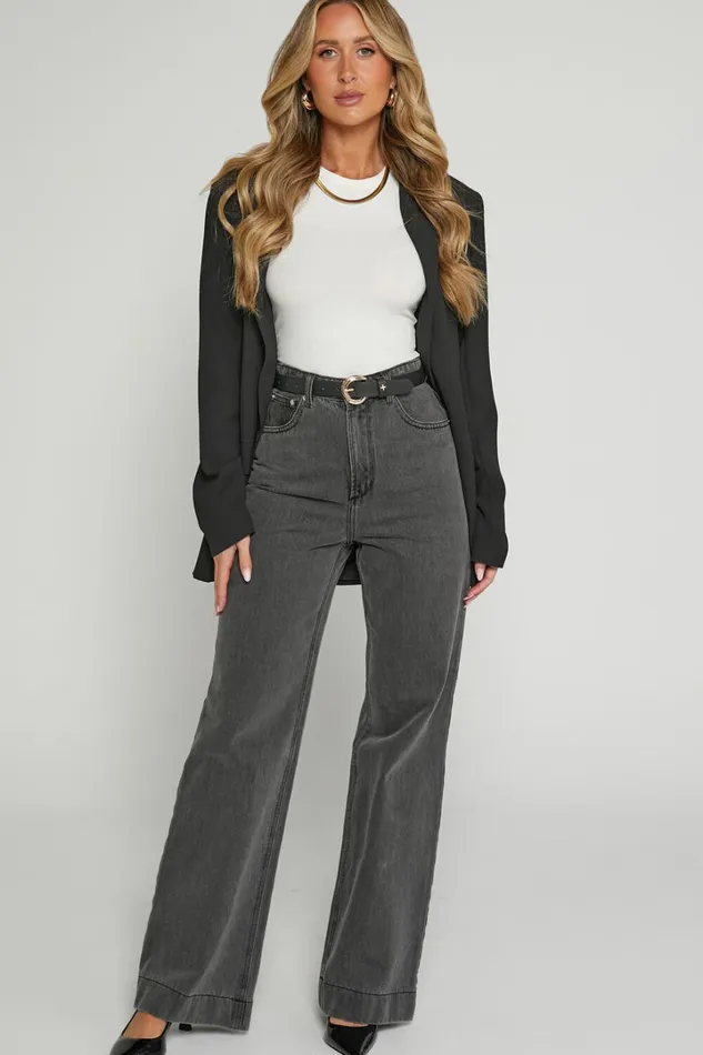 Emman Jeans 8211 High Waisted Cotton Wide Leg Denim Jeans In Washed Black Women Showpo Jeans