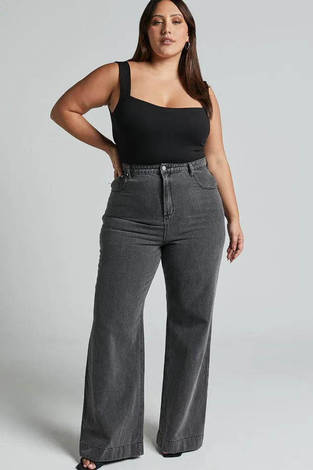 Emman Jeans 8211 High Waisted Cotton Wide Leg Denim Jeans In Washed Black Women Showpo Jeans