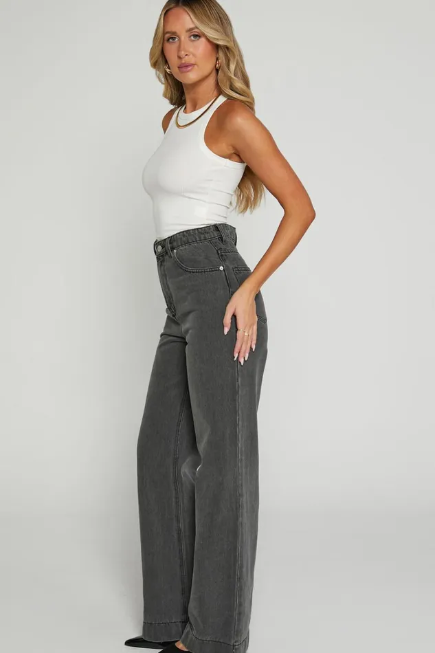 Emman Jeans 8211 High Waisted Cotton Wide Leg Denim Jeans In Washed Black Women Showpo Jeans