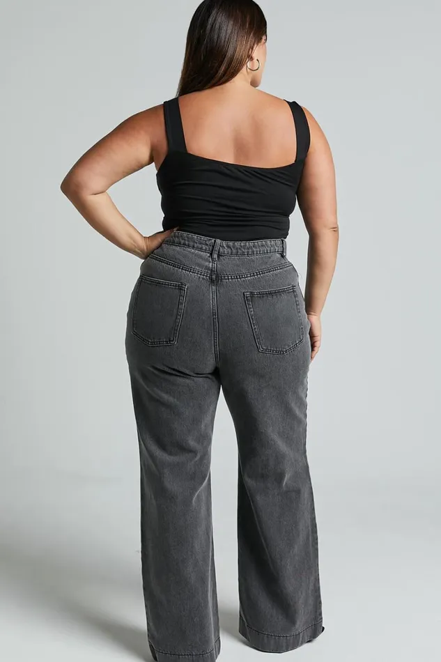Emman Jeans 8211 High Waisted Cotton Wide Leg Denim Jeans In Washed Black Women Showpo Jeans