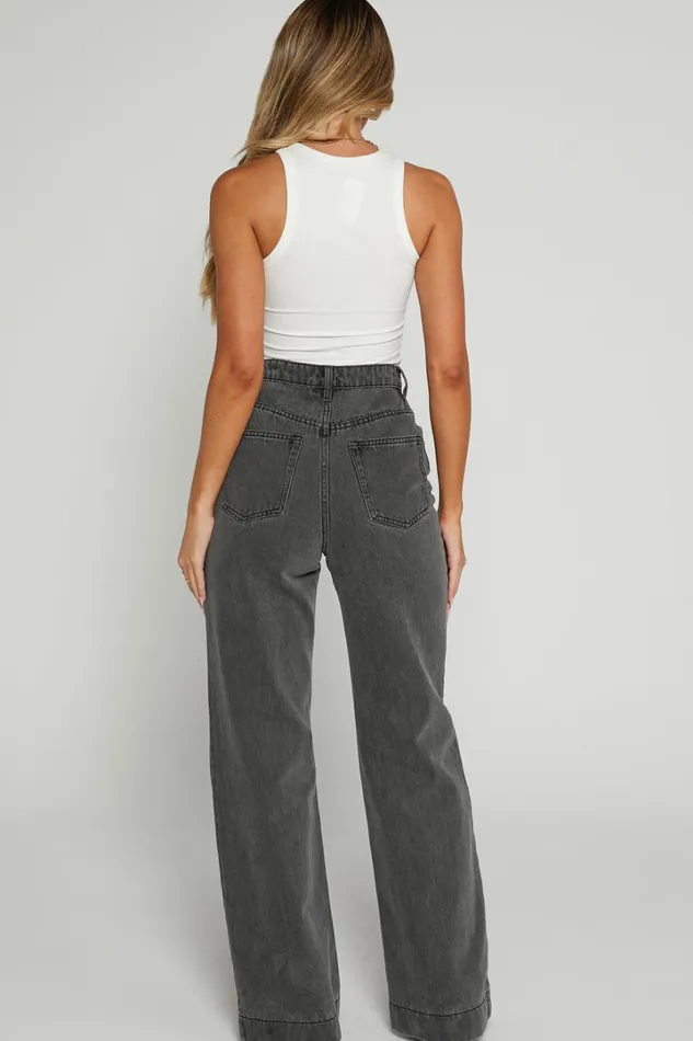 Emman Jeans 8211 High Waisted Cotton Wide Leg Denim Jeans In Washed Black Women Showpo Jeans