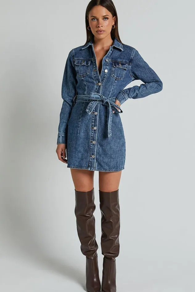 Enriquetta Mini Dress 8211 Cotton Denim Long Sleeve Button Up Dress In Blue Women Showpo Denim
