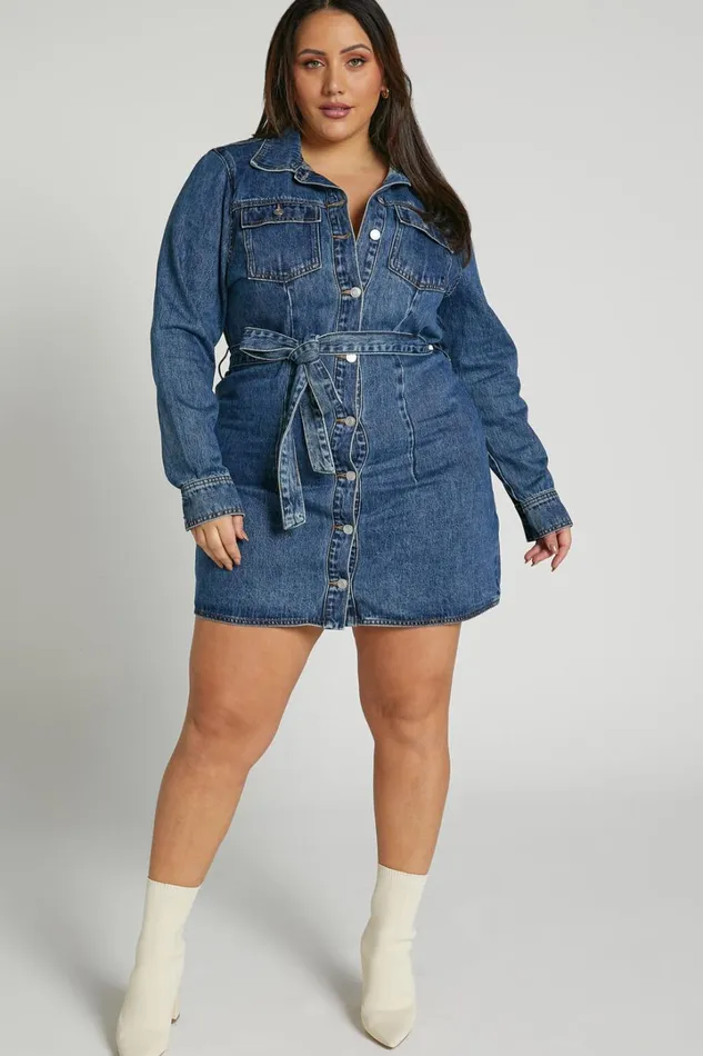 Enriquetta Mini Dress 8211 Cotton Denim Long Sleeve Button Up Dress In Blue Women Showpo Denim
