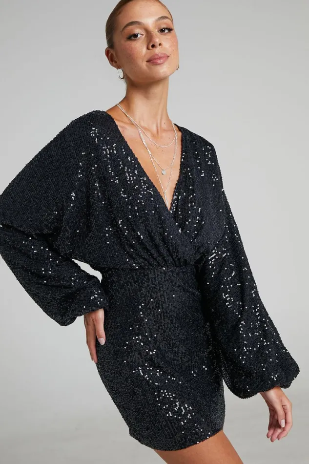 Erine Mini Dress 8211 Long Sleeve Sequin Dress In Black Women Showpo Dresses