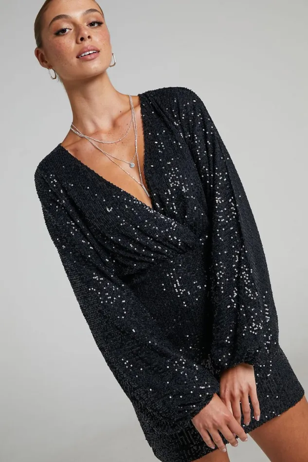 Erine Mini Dress 8211 Long Sleeve Sequin Dress In Black Women Showpo Dresses