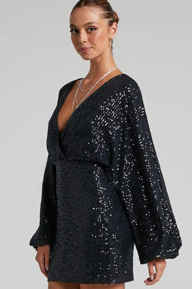 Erine Mini Dress 8211 Long Sleeve Sequin Dress In Black Women Showpo Dresses