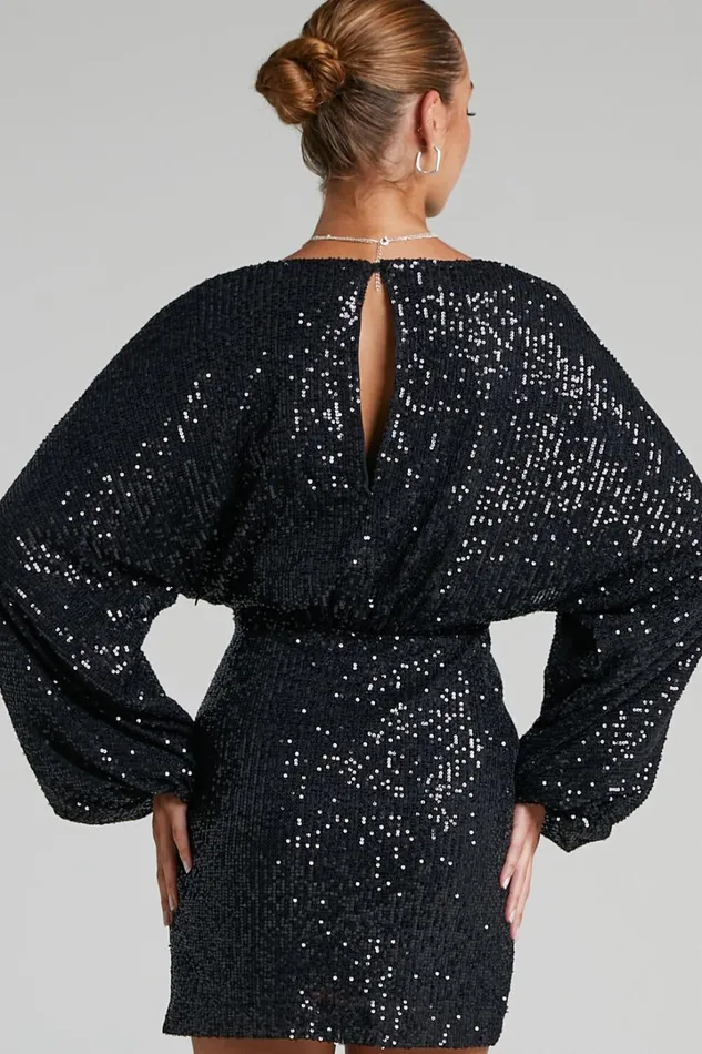 Erine Mini Dress 8211 Long Sleeve Sequin Dress In Black Women Showpo Dresses