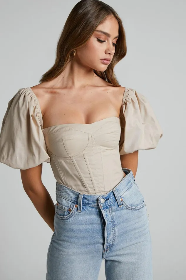 Estella Top 8211 Puff Sleeve Corset Bustier Top In Sand Women Showpo Curve Clothes