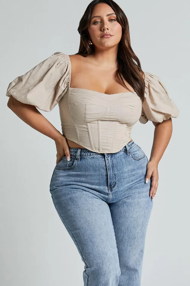 Estella Top 8211 Puff Sleeve Corset Bustier Top In Sand Women Showpo Curve Clothes