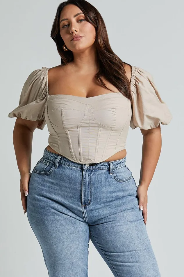 Estella Top 8211 Puff Sleeve Corset Bustier Top In Sand Women Showpo Curve Clothes