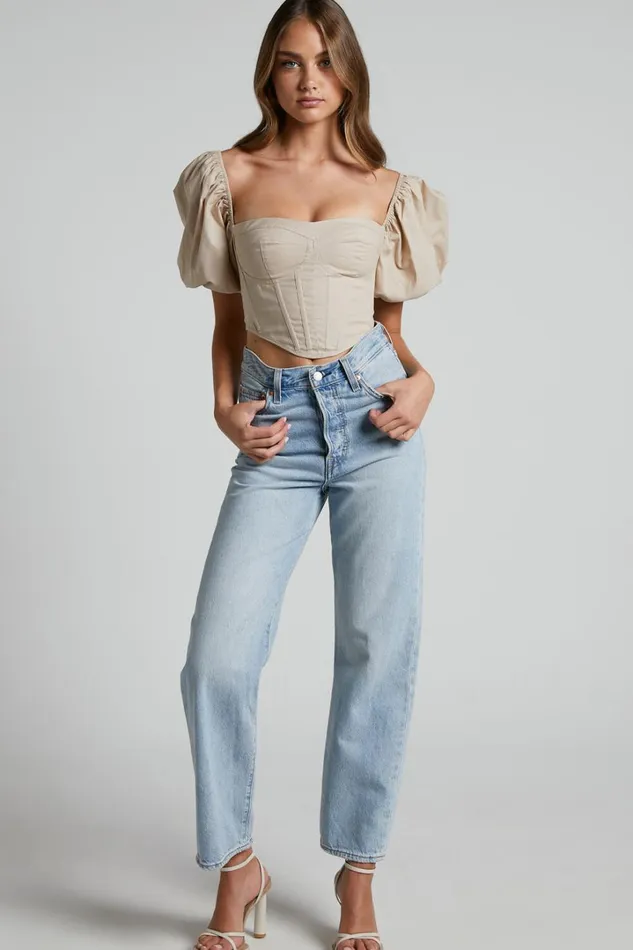 Estella Top 8211 Puff Sleeve Corset Bustier Top In Sand Women Showpo Curve Clothes
