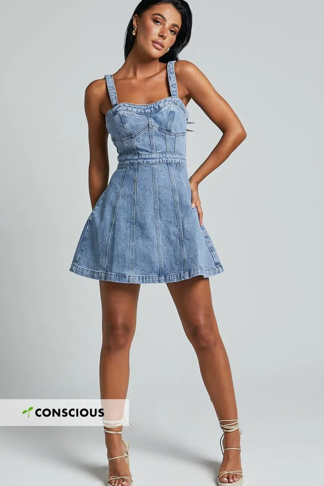 Estonia Mini Dress 8211 Denim Dress In Mid Blue Wash Women Showpo Conscious
