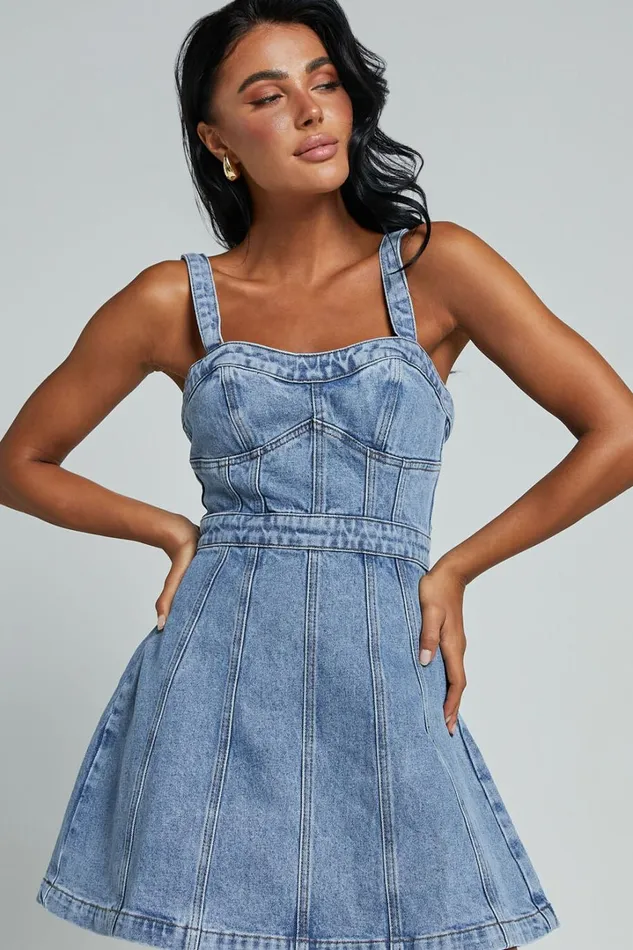 Estonia Mini Dress 8211 Denim Dress In Mid Blue Wash Women Showpo Conscious