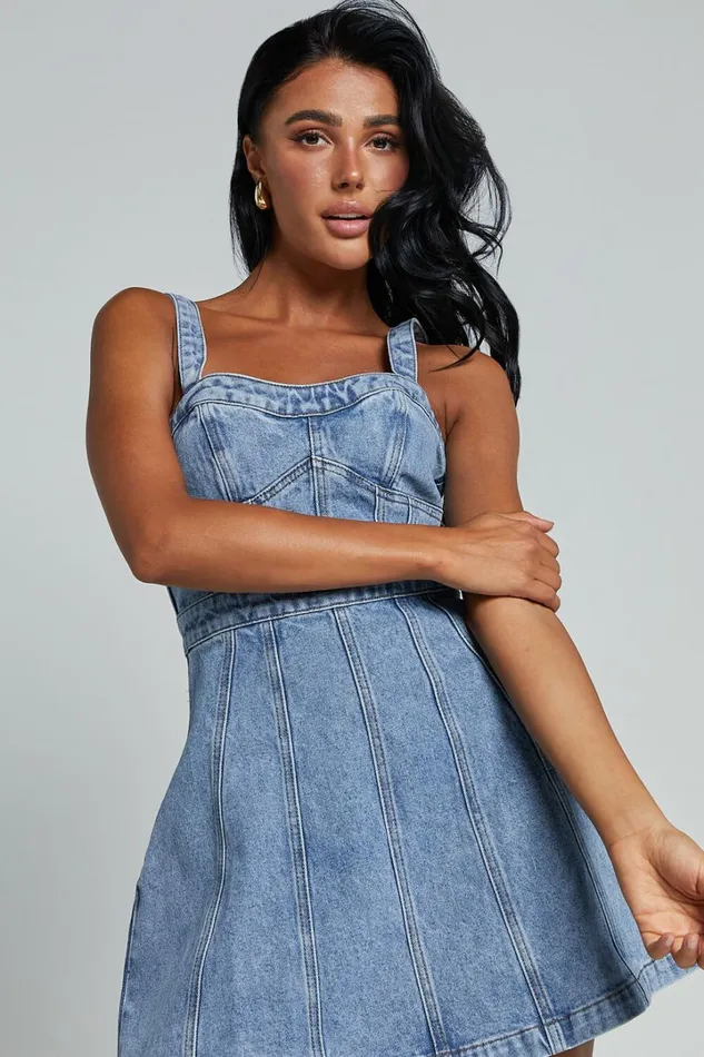 Estonia Mini Dress 8211 Denim Dress In Mid Blue Wash Women Showpo Conscious