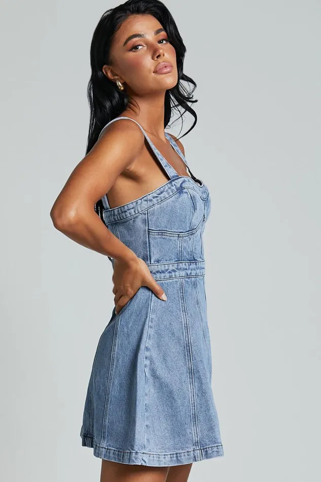 Estonia Mini Dress 8211 Denim Dress In Mid Blue Wash Women Showpo Conscious