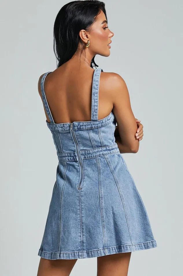 Estonia Mini Dress 8211 Denim Dress In Mid Blue Wash Women Showpo Conscious