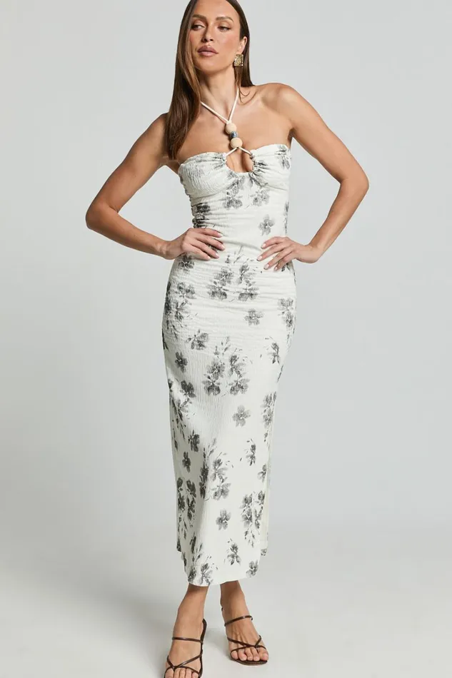 Evaline Midi Dress 8211 Halter Neck Cut Out Front Slip Dress In Black And White Floral Women Showpo Dresses