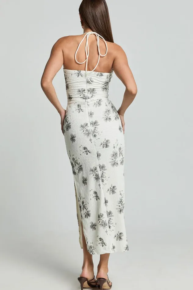Evaline Midi Dress 8211 Halter Neck Cut Out Front Slip Dress In Black And White Floral Women Showpo Dresses