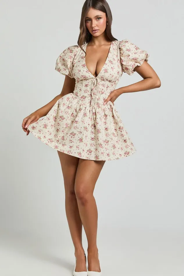 Evans Mini Dress 8211 Short Sleeve Shirred Back Plunge Dress In Pink Floral Women Showpo Dresses