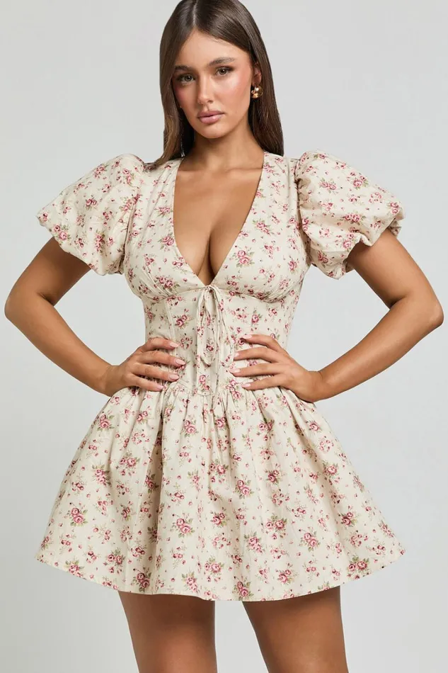 Evans Mini Dress 8211 Short Sleeve Shirred Back Plunge Dress In Pink Floral Women Showpo Dresses