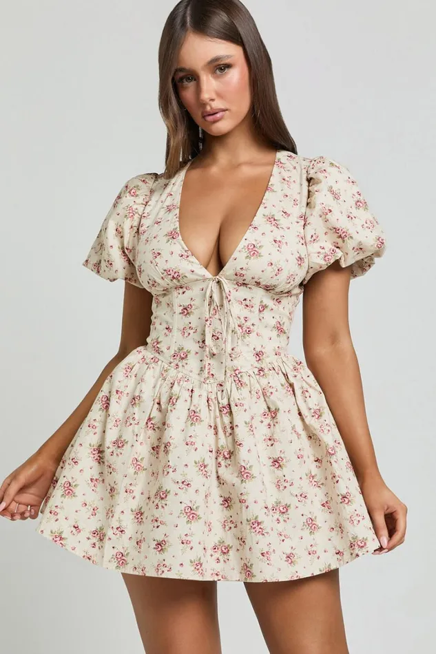 Evans Mini Dress 8211 Short Sleeve Shirred Back Plunge Dress In Pink Floral Women Showpo Dresses