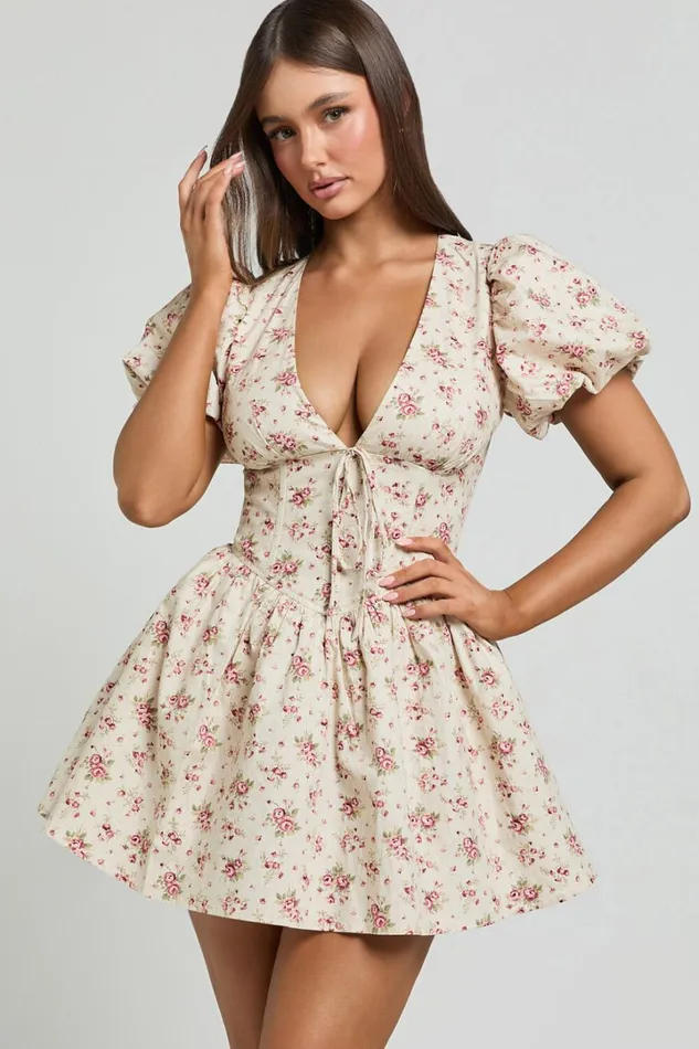 Evans Mini Dress 8211 Short Sleeve Shirred Back Plunge Dress In Pink Floral Women Showpo Dresses