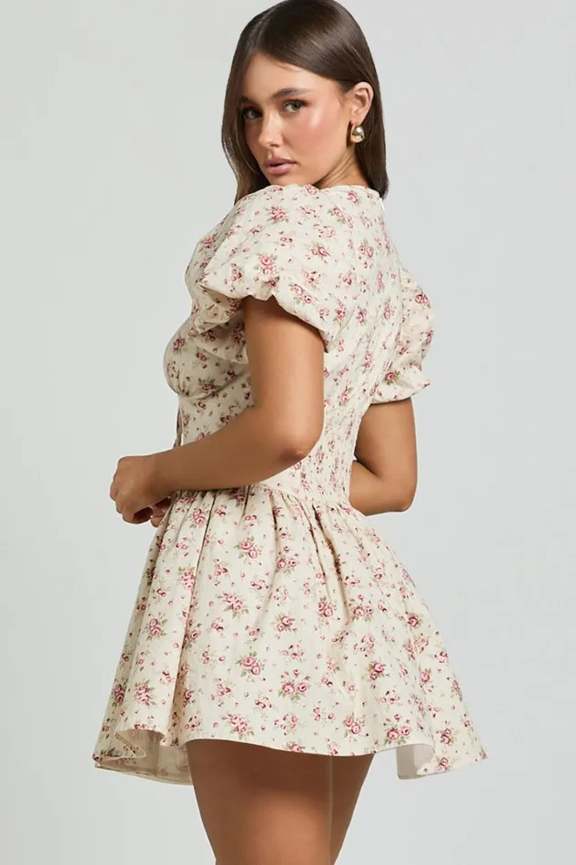Evans Mini Dress 8211 Short Sleeve Shirred Back Plunge Dress In Pink Floral Women Showpo Dresses