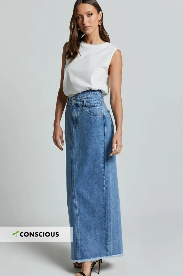 Evelyn Maxi Skirt 8211 High Asymmetrical Waist Frayed Hem Denim Skirt In Mid Blue Wash Women Showpo Denim