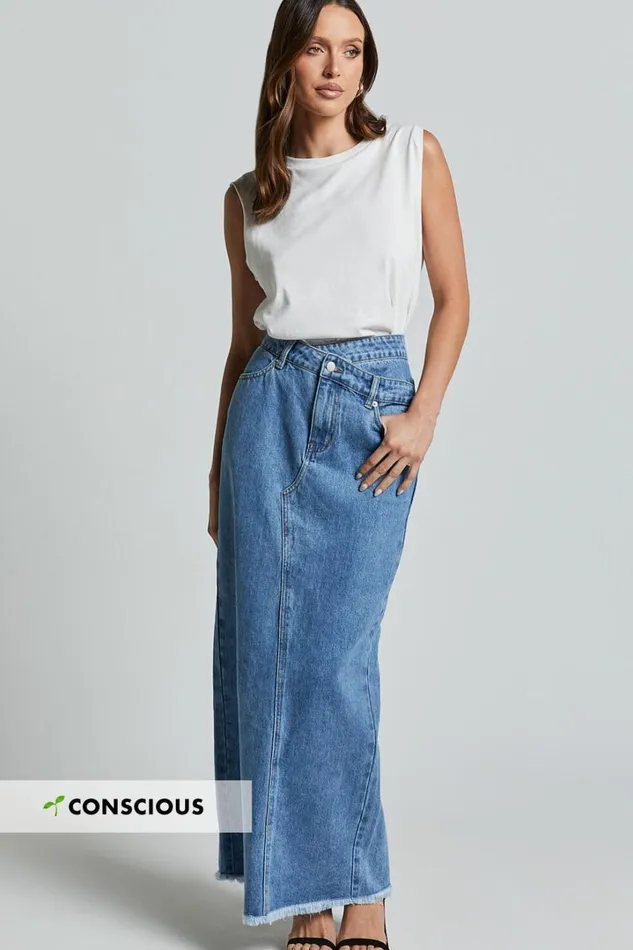 Evelyn Maxi Skirt 8211 High Asymmetrical Waist Frayed Hem Denim Skirt In Mid Blue Wash Women Showpo Denim