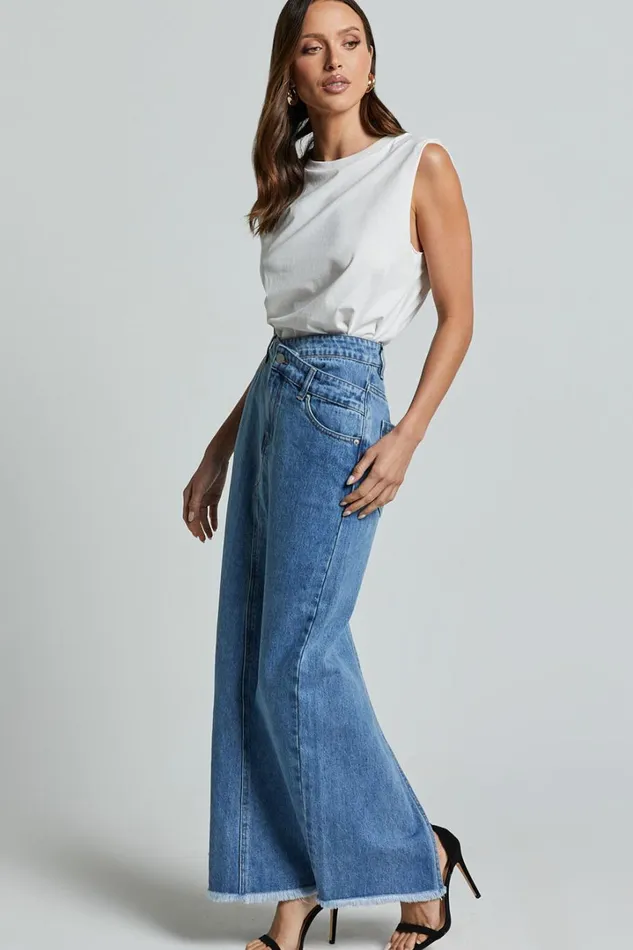 Evelyn Maxi Skirt 8211 High Asymmetrical Waist Frayed Hem Denim Skirt In Mid Blue Wash Women Showpo Denim