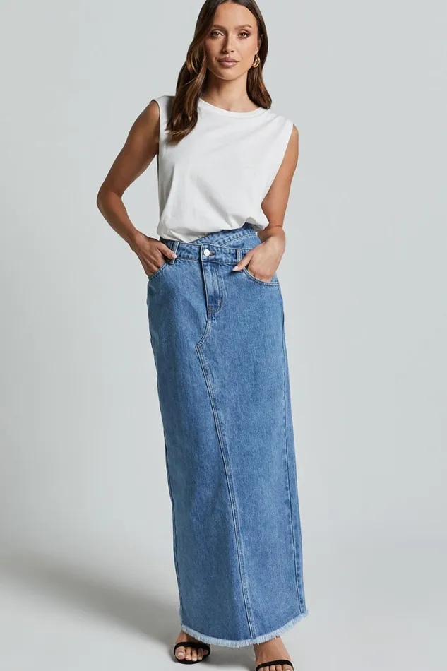 Evelyn Maxi Skirt 8211 High Asymmetrical Waist Frayed Hem Denim Skirt In Mid Blue Wash Women Showpo Denim