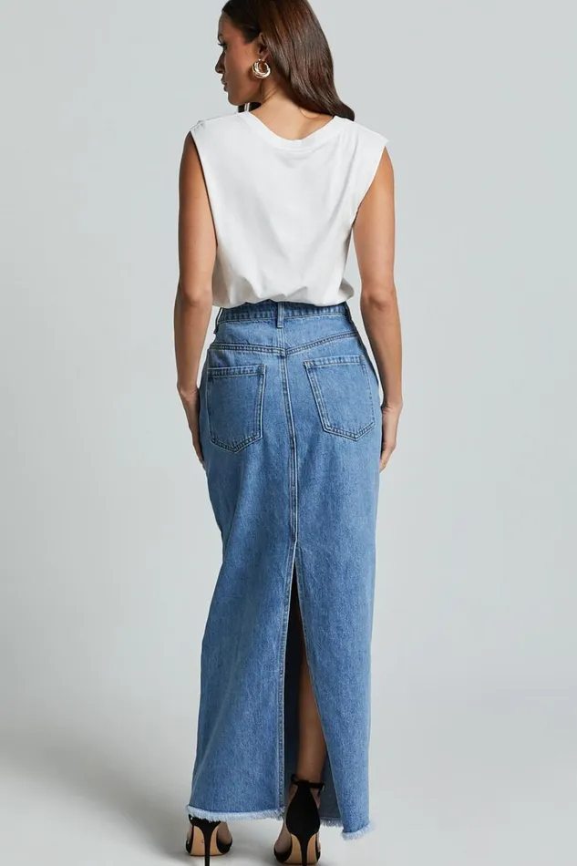 Evelyn Maxi Skirt 8211 High Asymmetrical Waist Frayed Hem Denim Skirt In Mid Blue Wash Women Showpo Denim