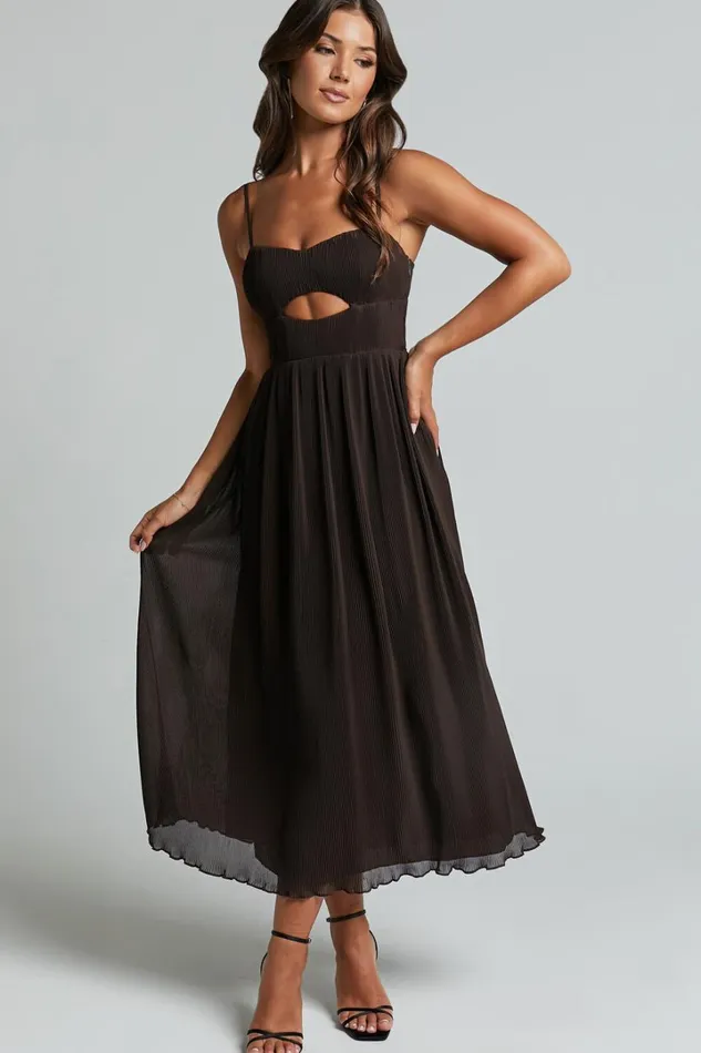 Ezri Midi Dress 8211 Strappy Cut Out Pleated A Line Dress In Chocolate Women Showpo Dresses Ezri Midi Dress 8211 Strappy Cut Out Pleated A Line Dress In Chocolate Women Showpo Dresses