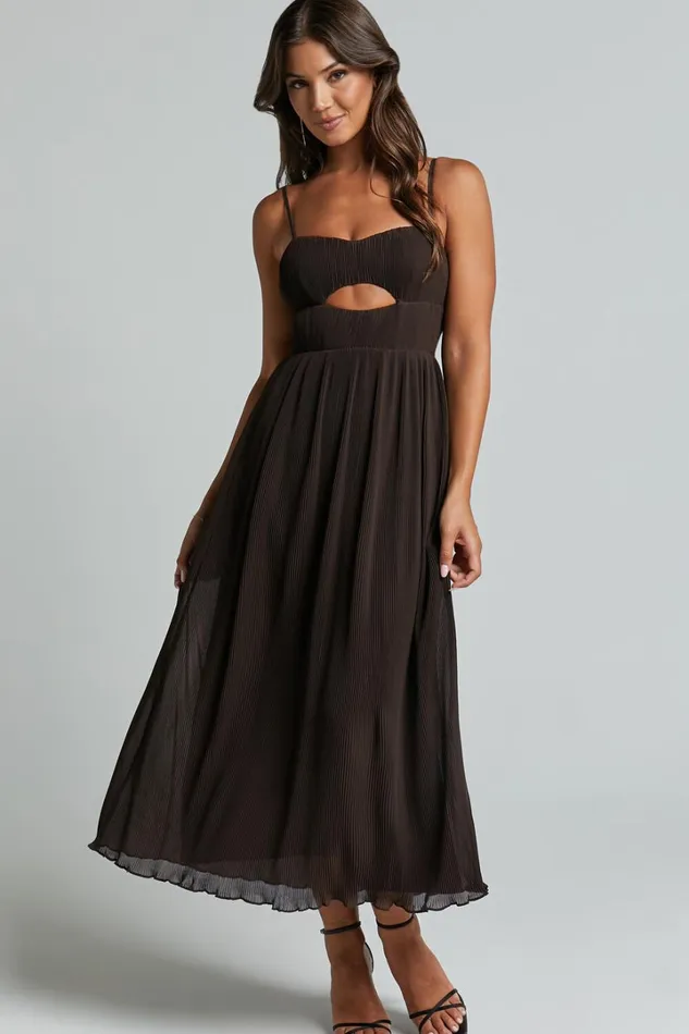 Ezri Midi Dress 8211 Strappy Cut Out Pleated A Line Dress In Chocolate Women Showpo Dresses