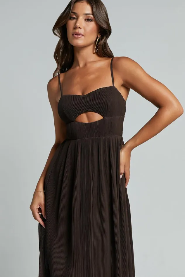 Ezri Midi Dress 8211 Strappy Cut Out Pleated A Line Dress In Chocolate Women Showpo Dresses