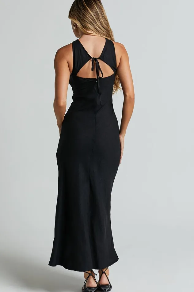 Fernley Midi Dress 8211 Linen Look Racer Neck Slip Dress In Black Women Showpo Dresses