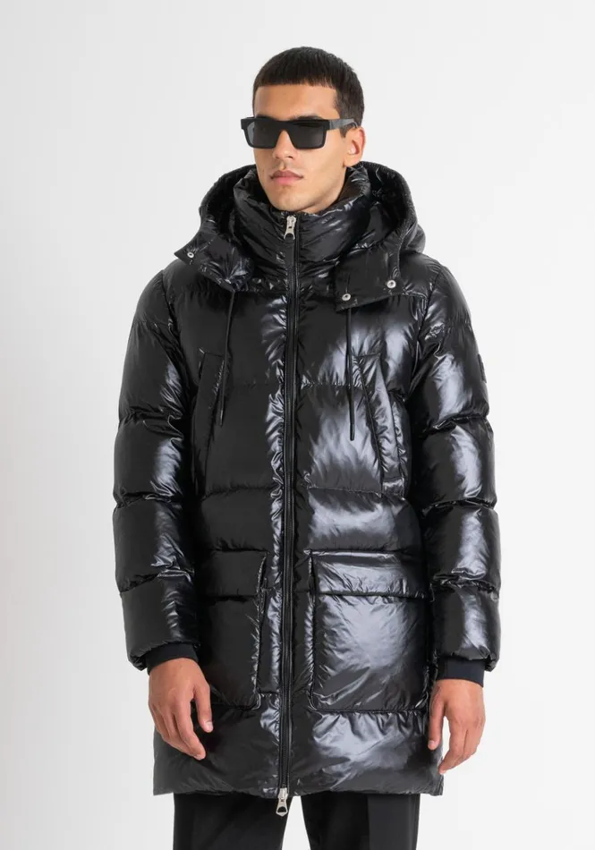 Field Jackets And Coats Men Antony Morato Long Relaxed Fit Glossy Down Jacket With Dupont Sorona Padding Black
